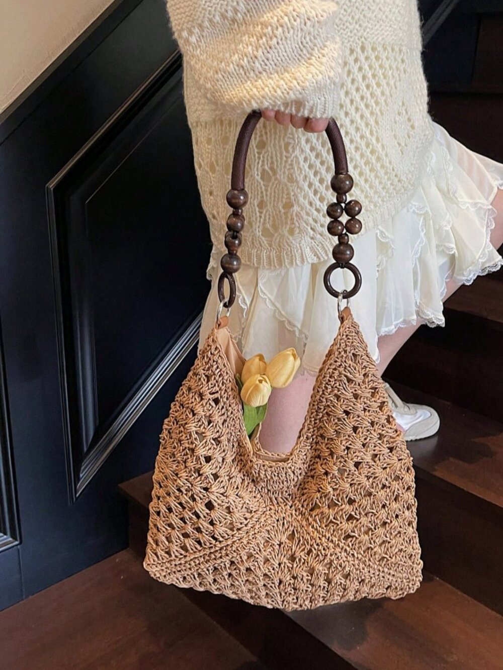 Khaki Casual Women's Crochet Hollow Patchwork Spacious Shoulder Bag - Picture 4 of 9
